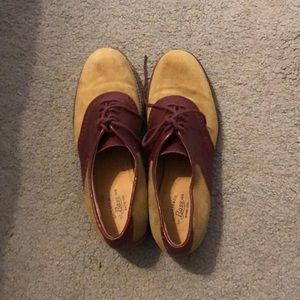 Maroon and tan saddle shoes